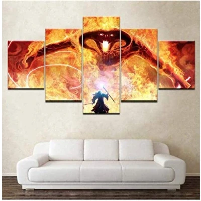 Abbildung von ERSHA Wandkunst 5 Teiliges Kunstdruck Hd Panel Vlies Leinwand Modulares Modernes Bild Wohnzimmer Home Decor Gemälde Gandalf Und Das Balrog Filmplakat(Gerahmt)