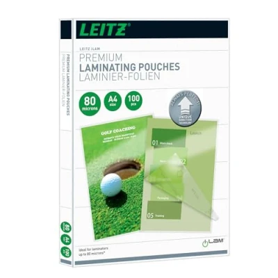 Abbildung von Leitz Heißlaminierfolien A4 80 mic, Laminierfolien in Premium Qualität im 100er Pack, Glänzend, Transparent, Vereinfachtes Einlegen durch UDT, iLAM, 74780000