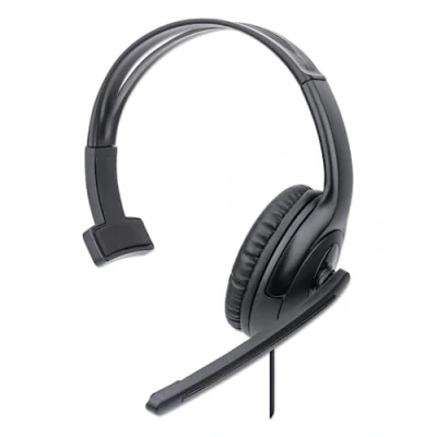 Abbildung von Manhattan Mono Over Ear Headset (USB), Mikrofonarm (gepolstert), Einzelhandelsverpackung, verstellbares Kopfband, Lautstärkeregler, Ohrpolster, USB A für Sound und Mikrofonnutzung, Kabel 1,5 m