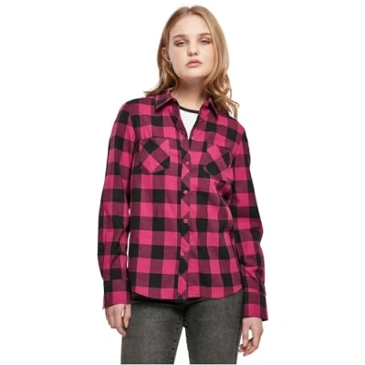 Abbildung von Urban Classics Damen Ladies Turnup Checked Flanell Shirt Hemd, wildviolet/black, XXL