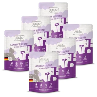 Abbildung von MjAMjAM Premium Nassfutter für Katzen Quetschie schmackhafter Truthahn an leckeren Möhrchen, 6er Pack (6 x 300 g), getreidefrei mit extra viel Fleisch