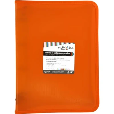 Abbildung von Grafoplás Ringbuch mit Reißverschluss A4+ Orange Multiline 4 gemischte Ringe 25 mm vertikal gestreifter Polypropylen Einband extra Kapazität für Papierblätter im Folioformat