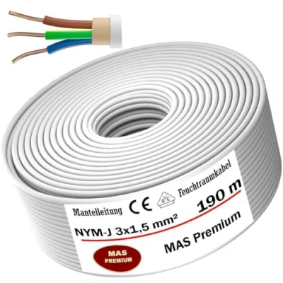 Abbildung von MAS Premium Feuchtraumkabel Stromkabel 5 200m Mantelleitung NYM J 3x1, 2,5 4 6 10 oder 5x1,5 16 Elektrokabel für feste Verlegung (NYM mm², 190m)