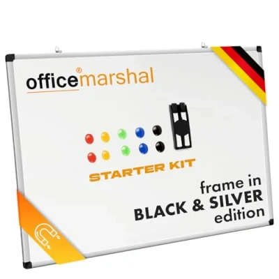 Abbildung von OfficeMarshal Magnettafel 60 x 90 cm Whiteboard Set inkl. Magneten, Boardmarker, Stiftehalter mit Reinigungsschwamm &amp; Wandhalterung kratzfest beschreibbar Memoboard (silberner Rahmen SET)