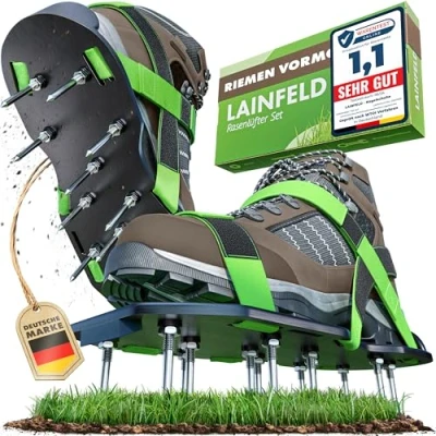 Abbildung von LAINFELD Nagelschuhe mit Klettverschluss Rasenbelüfter + Estrichschuhe Rasenlüfter Vertikutierer für Rasen belüften Aerifizierer Garten Schuhe