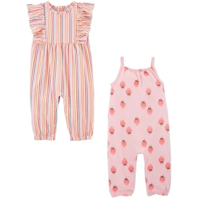 Abbildung von Simple Joys by Carter&#039;s Baby Mädchen 2 Pack Fashion 2er modische Jumpsuits, Rosa Strawberries/Weiß Vertikale Streifen, 0 Monate