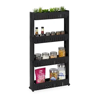 Abbildung von Relaxdays Nischenwagen, 4 Ablagen, schmales Nischenregal Bad &amp; Küche, HBT 101x12,5x54 cm, Rollregal Kunststoff, schwarz