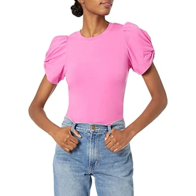 Abbildung von Amazon Essentials Damen T Shirt mit gedrehten Ärmeln und Rundhalsausschnitt in klassischer Passform, Kräftiges Rosa, XXL