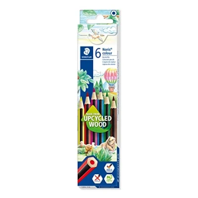 Abbildung von STAEDTLER Buntstifte Noris colour, rutschfeste Soft Oberfläche, hohe Bruchfestigkeit, Made from Upcycled Wood, intensive Farben, Sechskantformat, 6 Farbstifte im Kartonetui, 185 C6