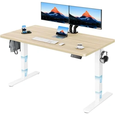 Abbildung von HUANUO Höhenverstellbarer Schreibtisch 140x70cm Ganze Tischplatte,3 Stufen Beine 2 starken Motoren Elektrischer Schreibtisch,120kg Tragfähigkeit Tisch Höhenverstellbar mit 4Speicher Steuerung,Natur