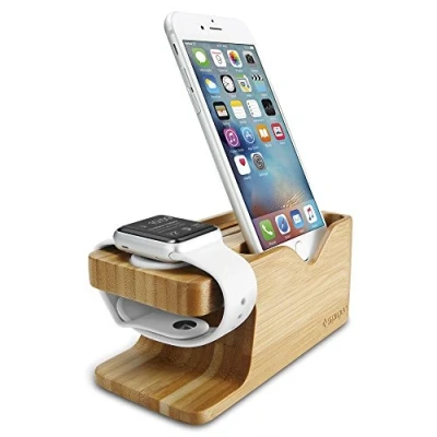 Abbildung von Spigen S370 Apple Watch Ladestation aus Holz Ständer Kompatibel mit Ultra 2/1, Serie 10/9/8/7/6/5/SE/4/3/2/1 und iPhones