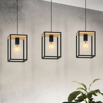 Abbildung von EGLO Hängelampe Libertad, 3 flammige Pendelleuchte Esstisch, Hängeleuchte aus Metall in schwarz und Holz Natur, Esszimmerlampe hängend, E27 Fassung
