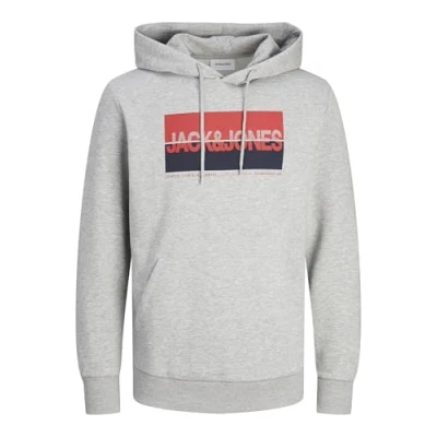 Abbildung von JACK&amp;JONES PLUS Herren Jjnolan Sweat Hood Pls Kapuzenpullover, Light Grey Melange/Print:Big, 4XL Große Größen EU