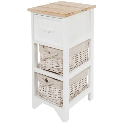 Abbildung von Spetebo Vintage Holz Kommode weiß mit 2 Rattan Körben 62 x 32 cm Standregal Schublade im Landhaus Stil Aufbewahrungs Korb Regal freistehend für Badezimmer Wohnzimmer Wintergarten