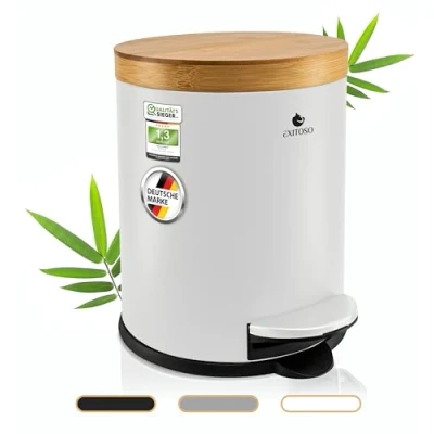 Abbildung von Exitoso Mülleimer 5 L leicht entleerbar Bambus, Kosmetikeimer WC Eimer Tretmülleimer klein, mit Softclose Funktion