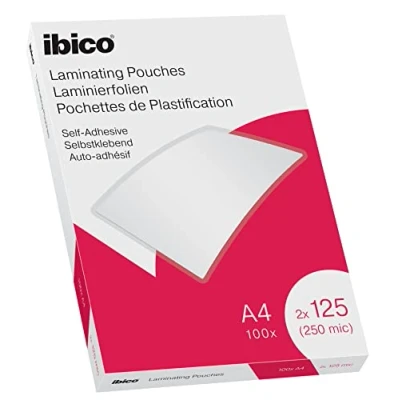 Abbildung von Ibico Selbstklebende Laminierfolien A4 250 Mikron (2 x 125 mic), 100 Stück, Glänzende Heißlaminierfolien, Abgerundete Ecken, Transparent, Kristallklar, Ideal für Hinweisschilder und Dokumente, 627325