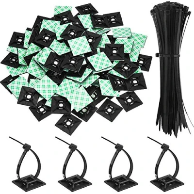Abbildung von 100 Stück Schwarz Kabelbinder Klebebefestigungen Selbstklebende Kabelklemme Basis Halter 1,1 x Zoll mit Mehrzweck Kabelbinder, 8