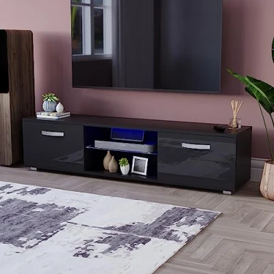 Abbildung von Vida Designs Cosmo LED TV Einheit mit 2 Türen, modern, glänzend, matt, MDF, Wohnzimmerschrank, Media Ständer, Möbel, RGB Licht, schwarz, 160 cm