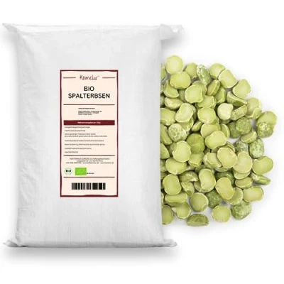 Abbildung von Kamelur 25kg BIO grüne Spalterbsen getrocknet getrocknete Hülsenfrüchte Vorratspack Erbsen grün halb in biologisch abbaubarer Verpackung