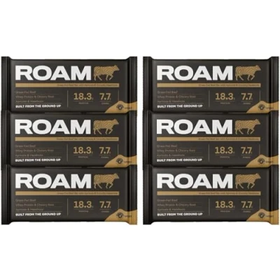 Abbildung von ROAM Natürliche Protein Riegel, Mahlzeit Ersatz Keto 6 x 45g Rindfleisch Riegel &amp; gesunde Snacks, Ideal für Fleischfresser Diät (6 Bars, Aprikosen und Haselnüssen)
