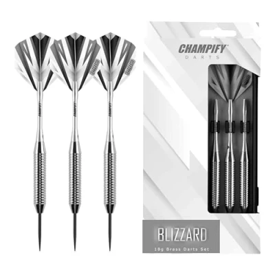 Abbildung von Champify® Messing Darts Set “Blizzard mit 18g Barrel und Stahlspitze 3 Dartpfeile 6 Schäften &amp; Flights inkl. weiteres Zubehör Stahlspitzen ideal für Dart Anfänger