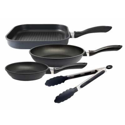 Abbildung von Elo Pfannen Set &quot;Alucast 4 teilig&quot;, Aluminiumguss, (Set, tlg., je 1 Bratpfanne Ø 20/24, Grillpfanne 28 cm, Servierzange), Induktion, inkl. Kochzange