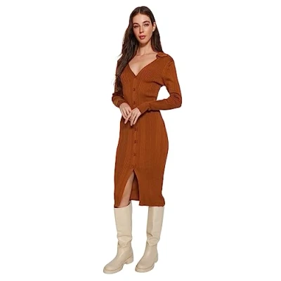 Abbildung von Trendyol Women&#039;s Damen Gerade Midi Lange Ärmel Lässig Schlank Kleid Dress, Brick, M