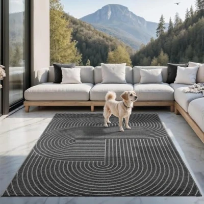 Abbildung von the carpet Santo Plus Hochwertiger Outdoor Teppich, Passend für Wohnzimmer, Schlafzimmer und Terrasse, Wetterfest, langlebig pflegeleicht, Anthrazit, 240 x 340 cm