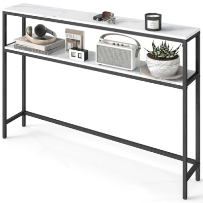 Abbildung von VASAGLE Konsolentisch, schmaler Sofatisch mit 2 Ablagen, 20 x 120 80 cm, Flurtisch, Ebenen, für Flur, Wohnzimmer, Schlafzimmer, marmorweiß tintenschwarz LNT133W59