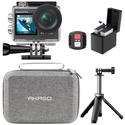 Abbildung von AKASO Brave 4 Pro Action Cam 4K30FPS 20MP mit 60cm Stativ Selfie Stick und Tasche 40M Unterwasserkamera Touchscreen 170 Weitwinkel, EIS Stabilisierung, 5X Zoom