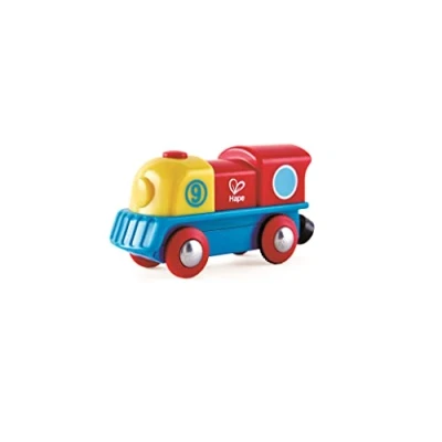 Abbildung von Hape Bunte Lok Tapfere kleine Lokomotive Ausschaltknopf, außergewöhnliche, batteriebetriebene Lokomotive, Lackierung in rot, gelb und blau