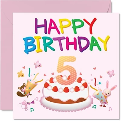 Abbildung von 5. Geburtstagskarte für Mädchen Critter Party Happy Karte 5 Jahre altes Geburtstagskarten sie 145 mm x Grußkarte Tochter Nichte Enkelin Kinder