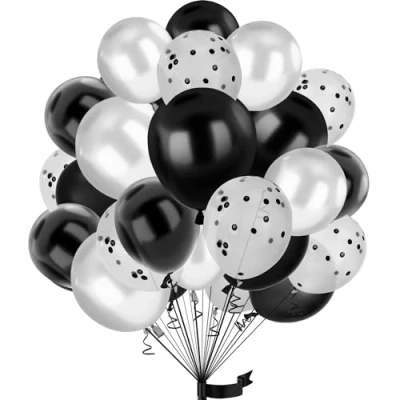 Abbildung von 30Stück Schwarz Luftballon Weiß Set, 12 Zoll Metallic Chrom Konfetti Ballons und Helium ballon Latex,für Kinder Geburtstag, Hochzeit, Babyparty, Dekoration