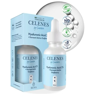 Abbildung von Celenes by Sweden Hyaluronsäure Serum 2% mit aktiv fermentierter Goji Beere Hydration + Antioxidans Alkoholfrei, Duftstofffrei, Parabenfrei, 30ml