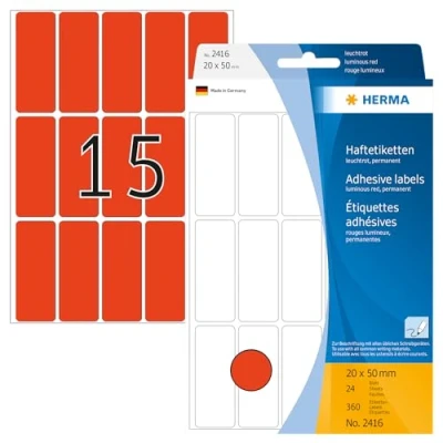 Abbildung von HERMA 2416 Vielzweck Etiketten, 360 Stück, 20 x 50 mm, 15 pro Bogen, selbstklebend, Haushaltsetiketten zum Beschriften, matt, blanko Papier Klebeetiketten Aufkleber, leucht rot