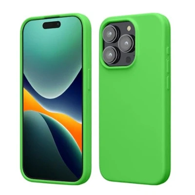 Abbildung von kwmobile Hülle für das iPhone 15 Pro Silikon Handy Case stoßfeste Handyhülle mit weicher Oberfläche Limettengrün