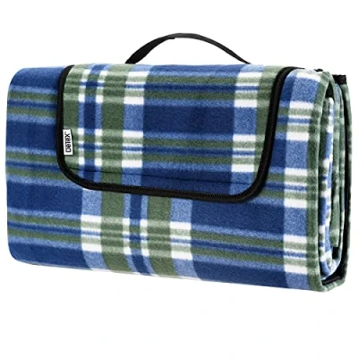 Abbildung von DETEX® Picknickdecke Campingdecke XXL 200x200 cm Wasserdicht Wärmeisoliert Waschbar Fleece Faltbar für 4 6 Personen Garten Stranddecke Karo/Blau