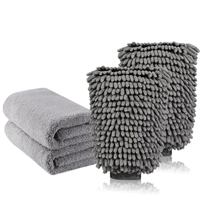 Abbildung von TAGVO Große Auto Waschhandschuh und Mikrofaser Reinigungstüch Deluxe Koralle Chenille Handschuh Poliertücher Perfekt für Küche Autowäsche &amp; Farbe (2X Tücher + 2X Handschuh)