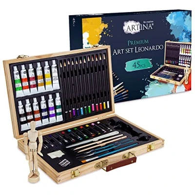 Abbildung von Artina Kreativset Leonardo, 45tlg. Malset mit Acrylfarben, Pinsel &amp; Gliederpuppe