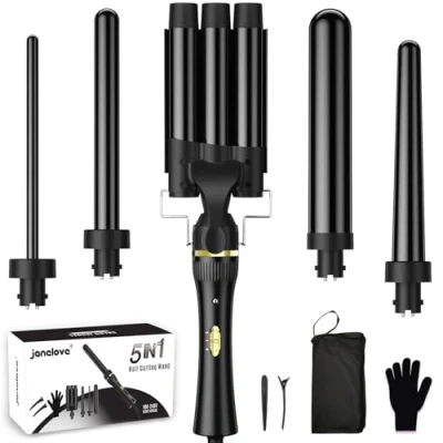 Abbildung von janelove 3 Fässer Welleneisen für haare, 10 32mm Keramik Lockenstab Große und Kleine Locken, 180C/210C Kurze Haare Lange mit Clips &amp; Handschuh (Schwarz)