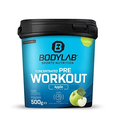 Abbildung von Bodylab24 Concentrated Pre Workout Grüner Apfel 500g, enthält unter anderem Kreatin, Beta Alanin, Arginin, Niacin und Koffein, bewährte All In One Formel fürs Training