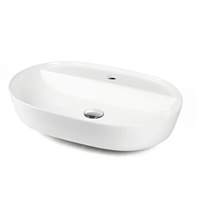 Abbildung von Stabilo Sanitär Waschbecken Keramik Aufsatz Oval Anschlussset weiß mit Ablage (Komplett Set, 1 St., Komplettset inkl. Abflussrohr und Abflussstopfen), ist robust, langlebig belastbar