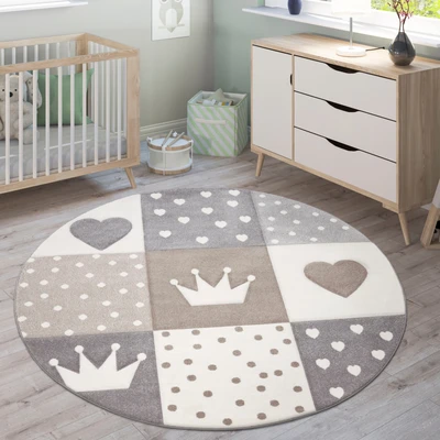 Abbildung von Paco Home Kinderteppich &quot;Cosmo 339&quot;, rund, Kurzflor, Pastell Farben, 3D Effekt, Motiv Herz, Punkte &amp; Krone