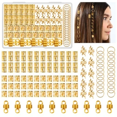 Abbildung von Kieswan 100 Stück Dreadlocks Schmuck Wikinger Haarschmuck Gold, Metall Haarringe für Zöpfe, Verstellbar Cuffs Haarperlen Haarspiralen Braids Zubehör Dekoration