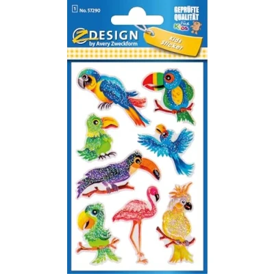 Abbildung von Z Design AVERY Zweckform Glitter Sticker Vögel 8 Aufkleber (selbstklebende farbenfrohe Kindersticker zum Spielen, Basteln, Sammeln, für Freundschaftsbücher und Poesiealben) 57290, 16.1 x 8.5 0.2 cm