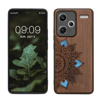 Abbildung von kwmobile Hülle kompatibel mit Xiaomi Redmi Note 13 Pro+ 5G / Pro Plus Holz Case Handy Cover TPU Handyhülle in Dunkelbraun Aufgehende Sonne Perlmutt
