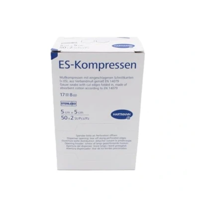 Abbildung von Hartmann ES Mullkompressen steril 5 x cm, 17 fädig, 8 fach, Art. 4019000 (1 Karton = 32 Pack à 50 2 Stück)