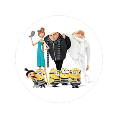 Abbildung von Tortenaufleger Minions mit Lucy, Gru, Dru, Agnes, rund 20cm Fondantpapier PREMIUM