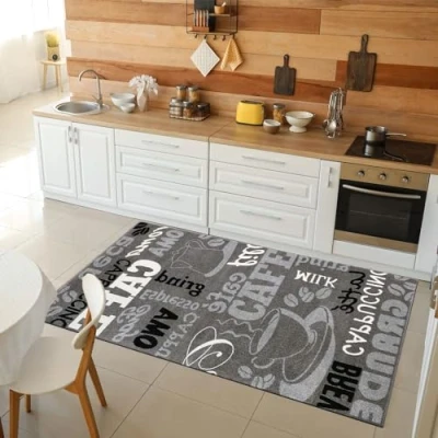 Abbildung von VIMODA Küchenteppich Grau Trendiger Kaffee Teppich, Verschiedene Schriftarten und Muster Kaffee, Maße:160x220 cm
