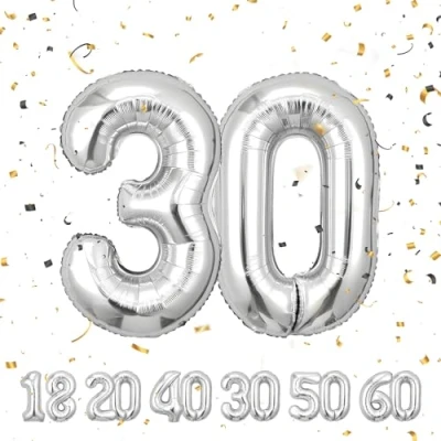 Abbildung von Geburtstag zahlen luftballon 30 jahre Folienballon Sliber in 40&quot; 101cm Geburtstagsdeko Ballon Zahl Deko zum fliegt mit Helium für Männer Frauen 30.Geburtstags
